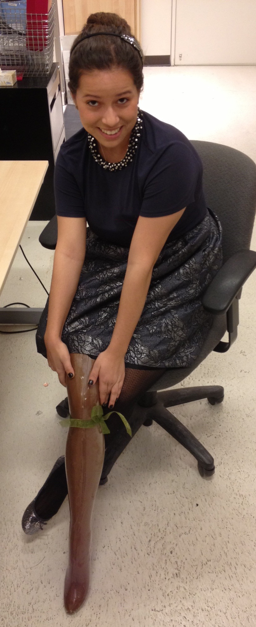 Posing with fake chocolate leg Manolo Blahnik